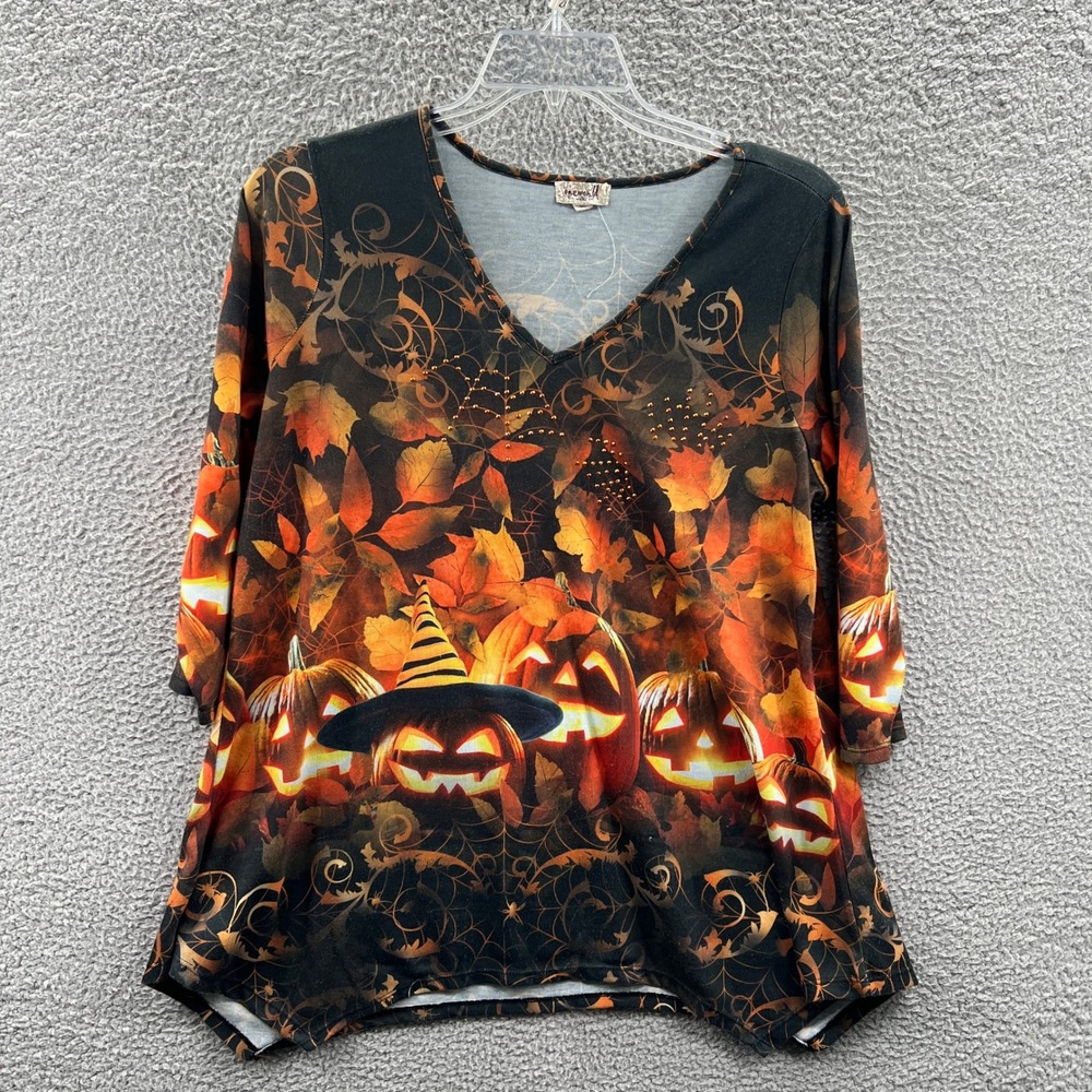 Womens Halloween Stretch Top 1X Pumpkin Witchy Spider Web Cozy Graphic Autumn